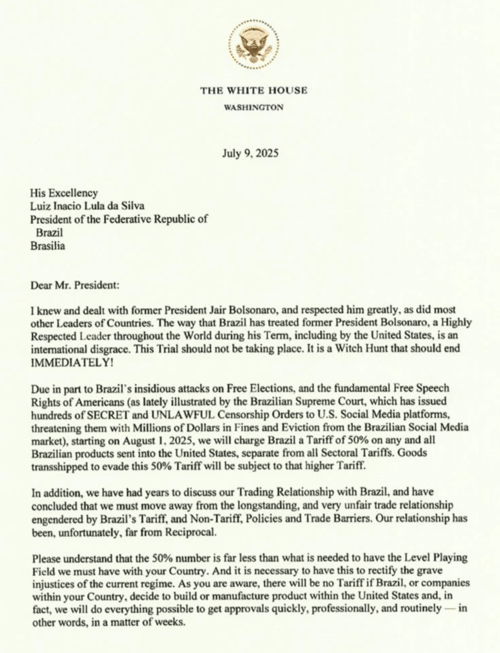 Lettera datata 9 luglio 2025 su carta intestata della Casa Bianca, indirizzata al Presidente brasiliano Luiz Inácio Lula da Silva